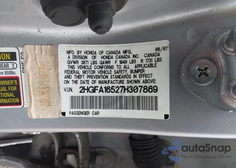 2007 Honda Civic Lx from USA, damaged, VIN 2HGFA16527H307869